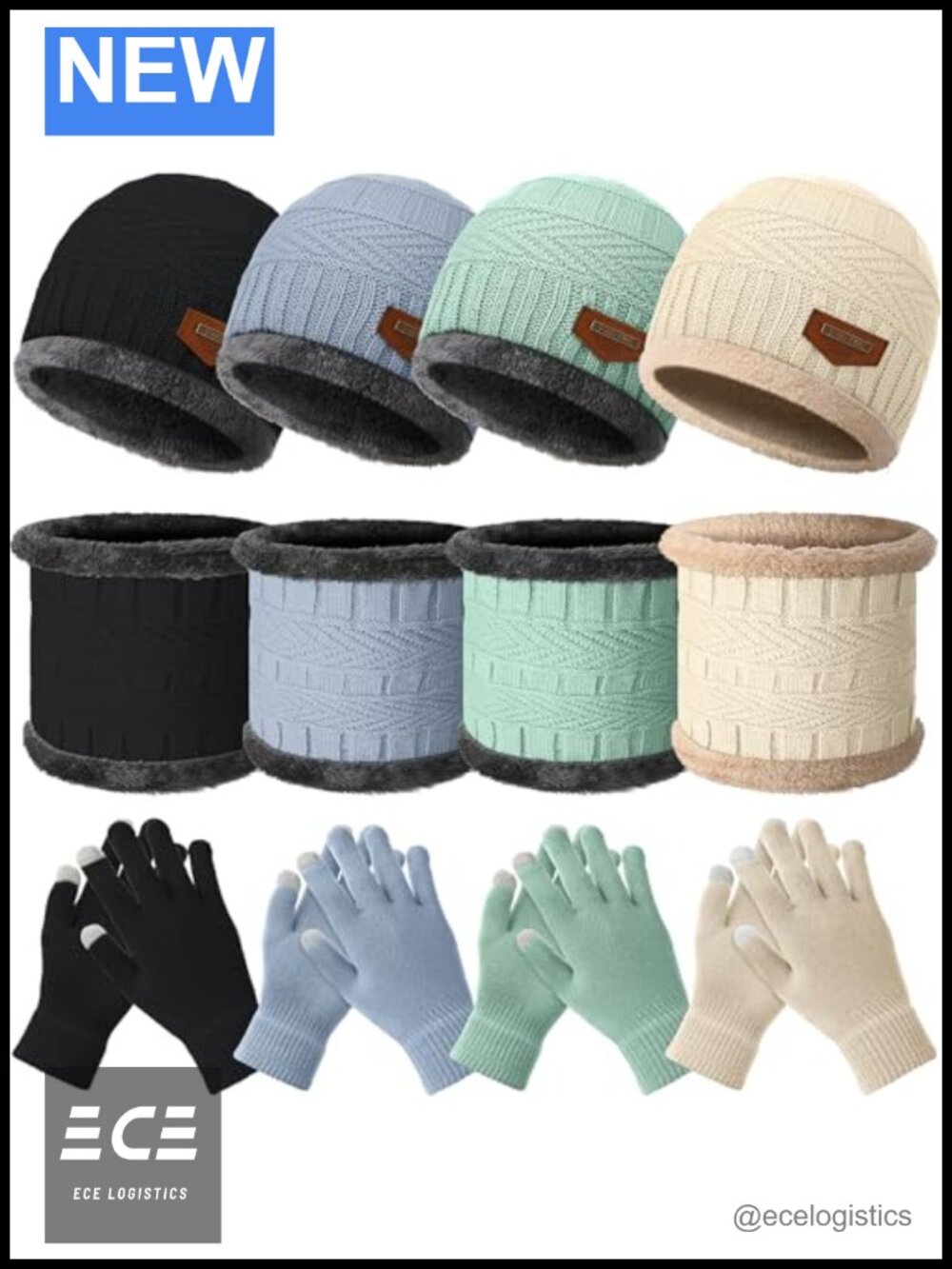 Acrylic Beanie Hat Scarf Touch Screen Gloves Set Fleece Lined Winter